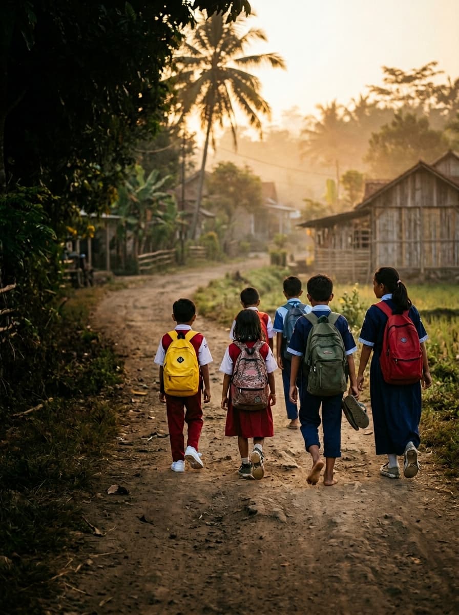 Anak-anak berjalan kaki ke sekolah di jalan desa