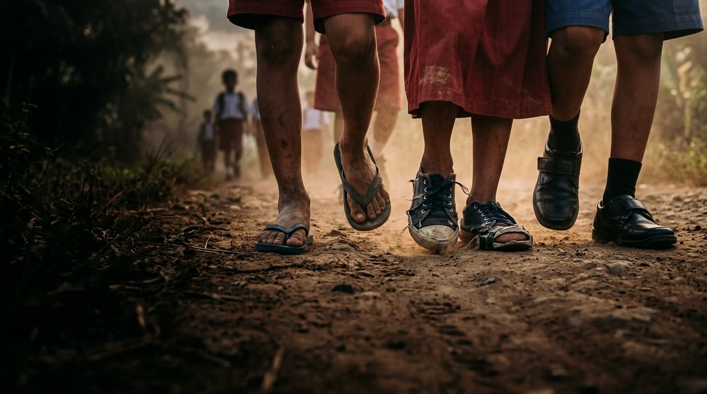 Anak-anak berjalan kaki ke sekolah di jalan berdebu — sebagian tanpa sepatu layak