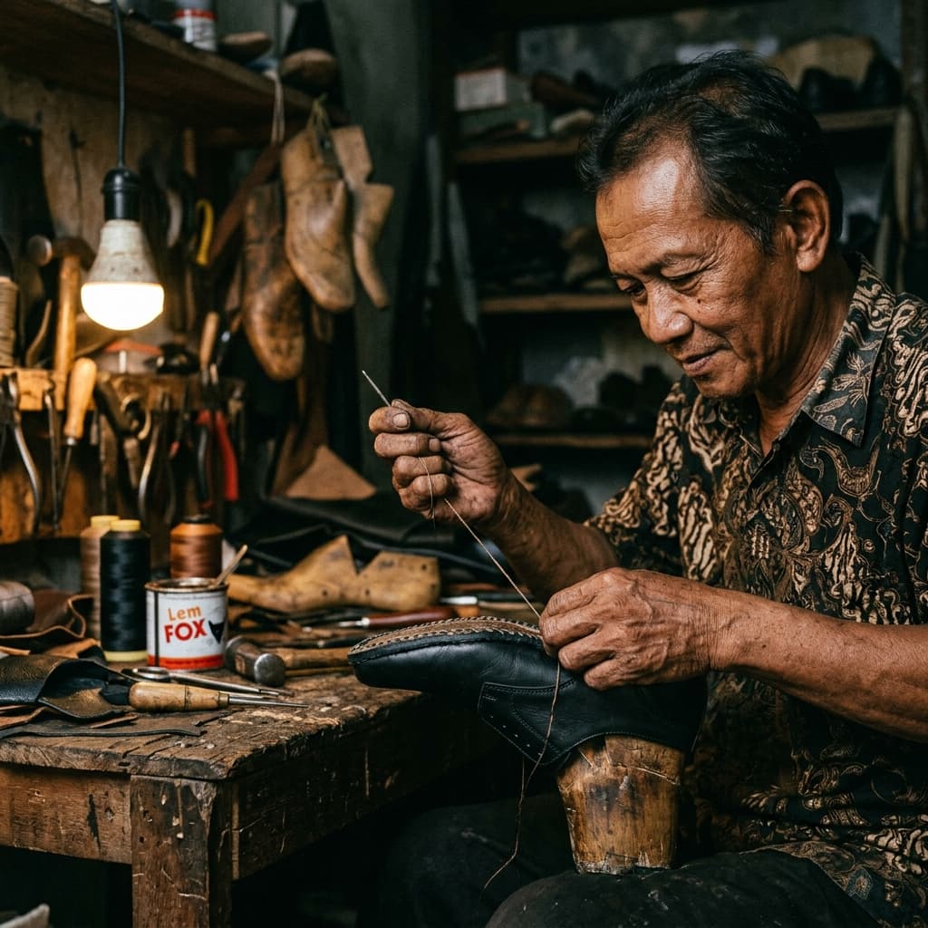 Perajin UMKM menjahit sepatu sekolah