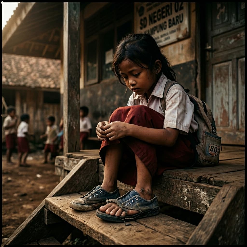 Anak SD duduk dengan sepatu usang di depan sekolah
